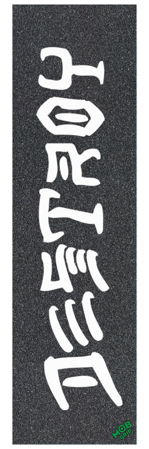 Grip tape with white text on a black background