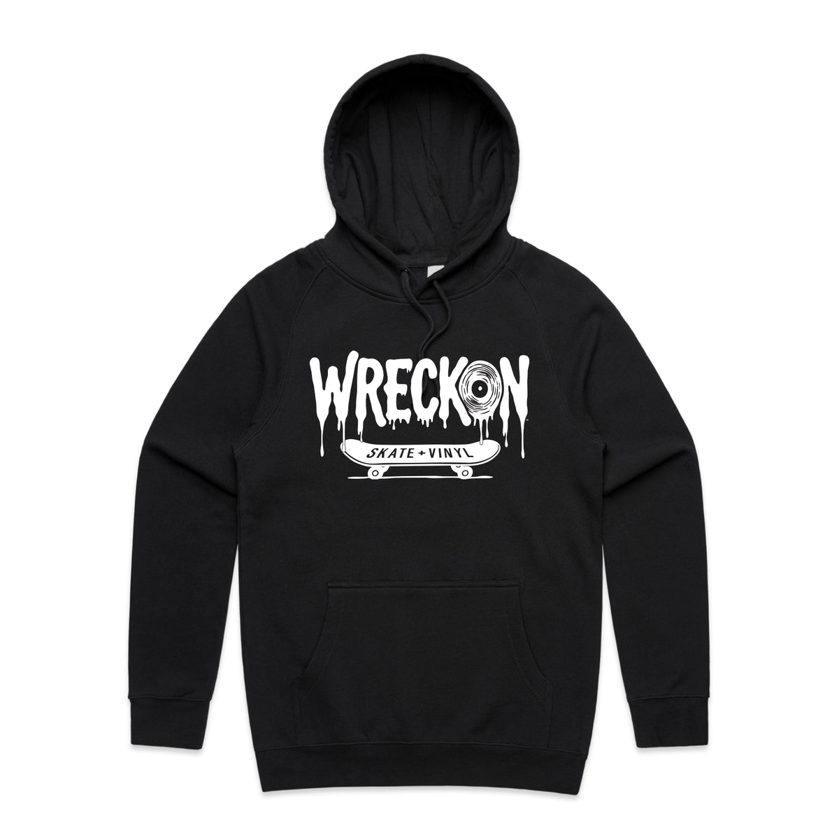 Black hoodie with 'Wreckon' graphic design on a white background