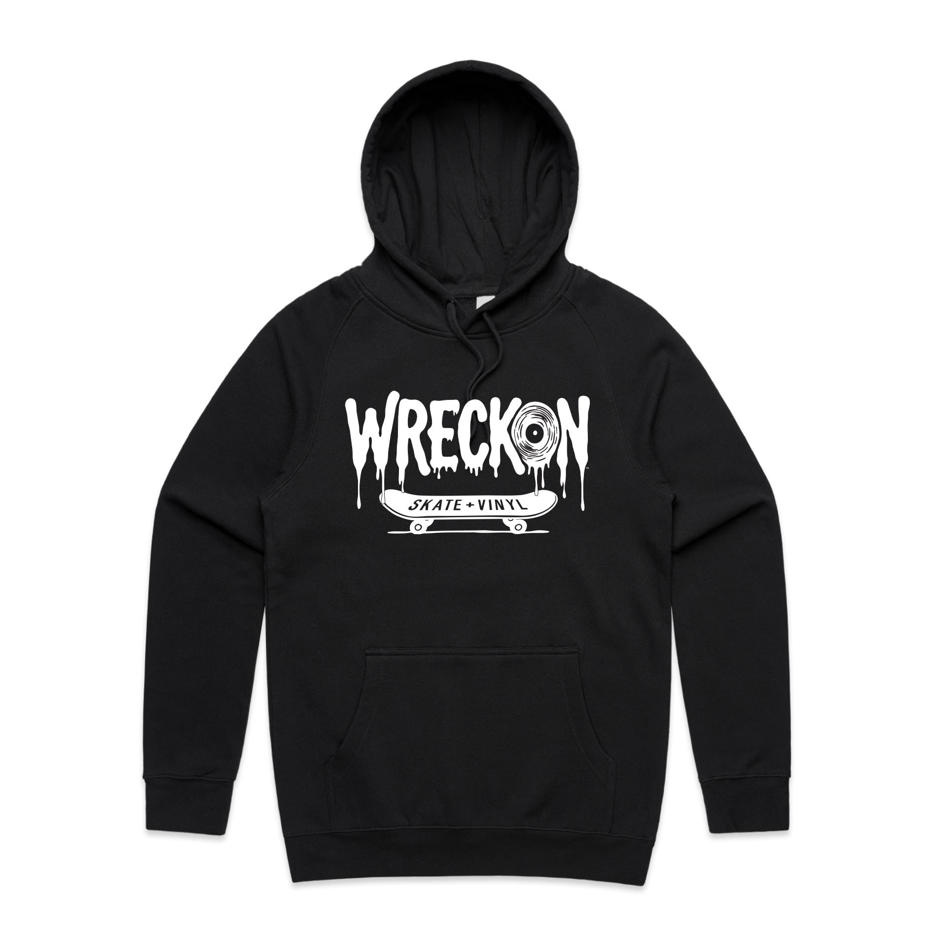 Black hoodie with 'Wreckon' graphic design on a white background